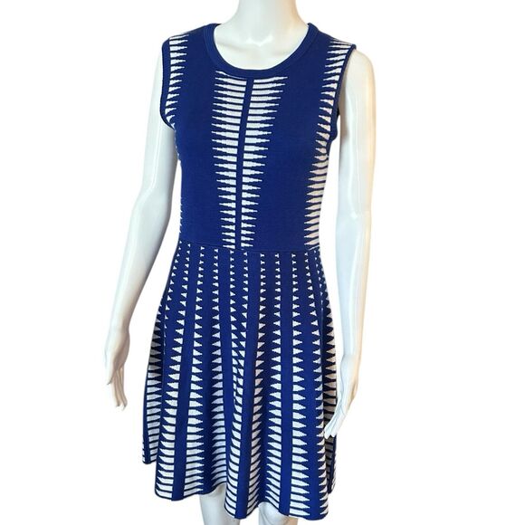 Esley Dresses & Skirts - Esley Women's Sz Medium Royal Blue & White Geometric Fit & Flare Dress Stretch
